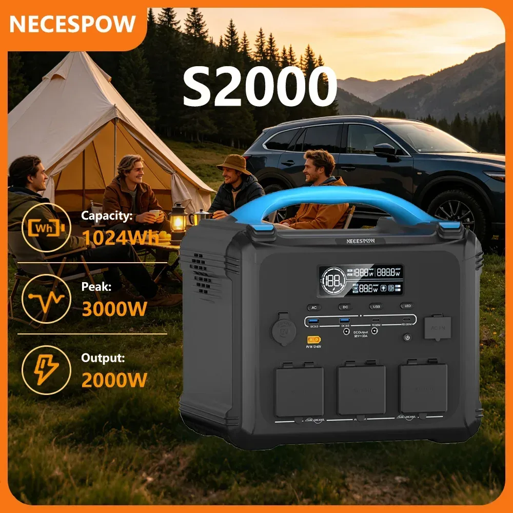 Necespow 1024Wh tragbare Powerstation, 2000W Solar-Generator, 3000W Spitzenleistung, 1300W Schnellladung, USB-C PD100W, 10 Ausgänge für Camping, Heim-Backup, Notfälle, Outdoor