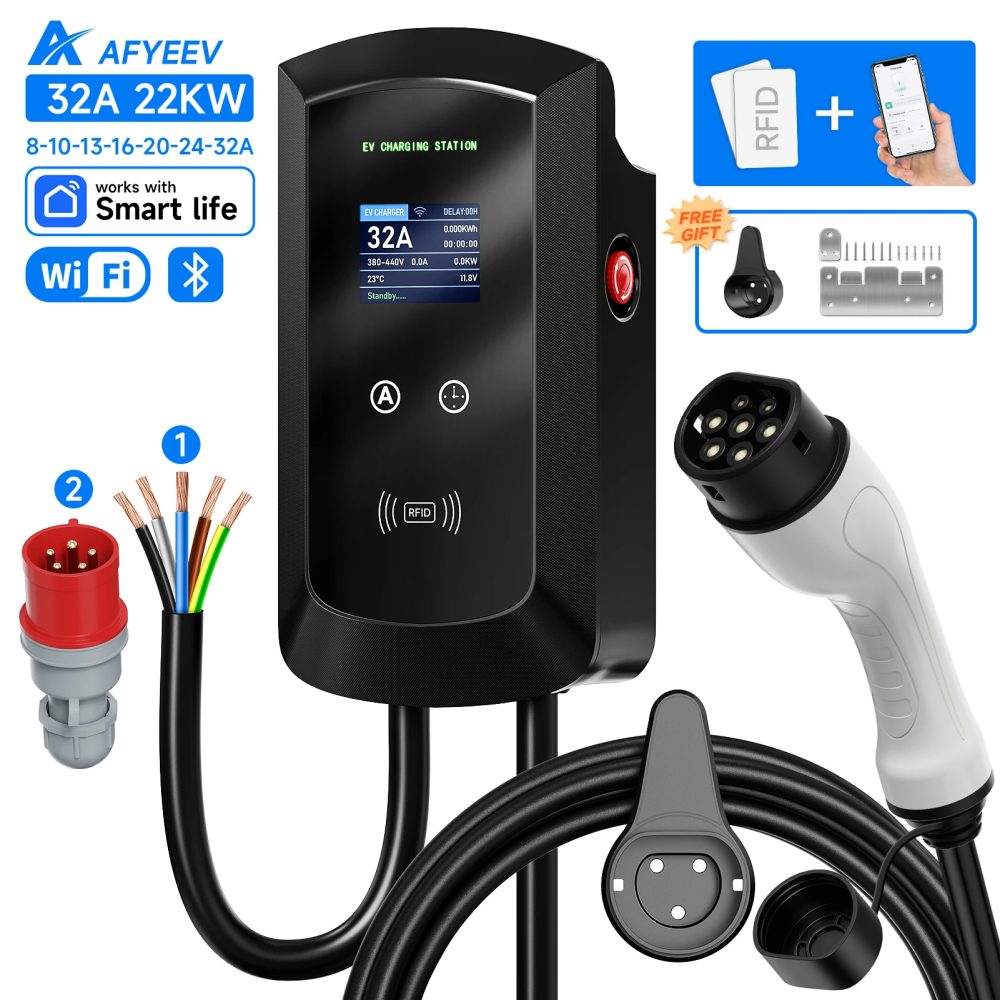 AFYEEV 32A EV-Ladestation 22 kW 3-Phasen-Auto-Ladegerät für Elektrofahrzeuge 11 kW Typ2 IEC62196-2 EVSE Wallbox APP-Steuerung 5 m Kabel