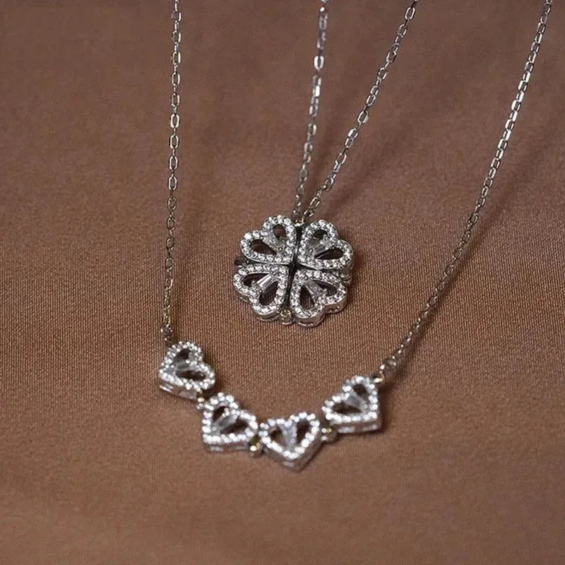 1pc Herzförmige Vierblättriges Kleeblatt Anhänger Halskette Schmuck Zirkon Frauen Liebe Schlüsselbein Kette Geschenke Öffnende ChokerJewelry