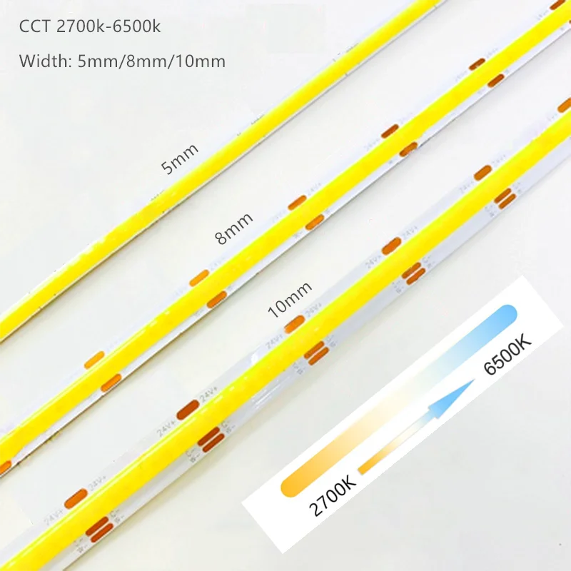 12V 24V DC CCT COB LED-Streifenlicht 2700K bis 6500K Farbwechselndes LED-Band Linear Doppelfarbe RA90 Dimmbares Band 5mm 8mm Breite