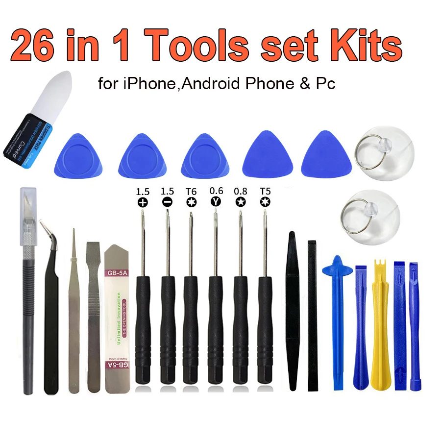 Professionelles 26-in-1 Handy-Reparatur-Werkzeugset Schraubendreher mit Bildschirmöffner Hebelwerkzeug Saugnapf für iPhone Samsung Xiaomi