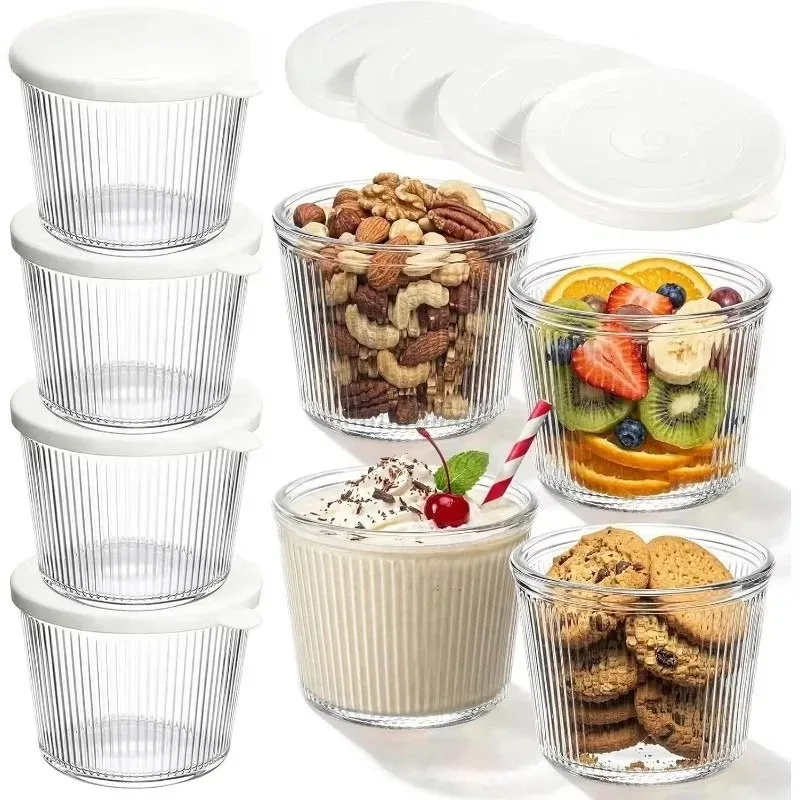 4/6 Stück kleine Glasschüsseln mit Deckel, transparenter, gestreifter Glasbehälter, stapelbar, für Desserts, Puddings, Saucen, Dips, Nüsse, Haferflocken, Süßigkeiten