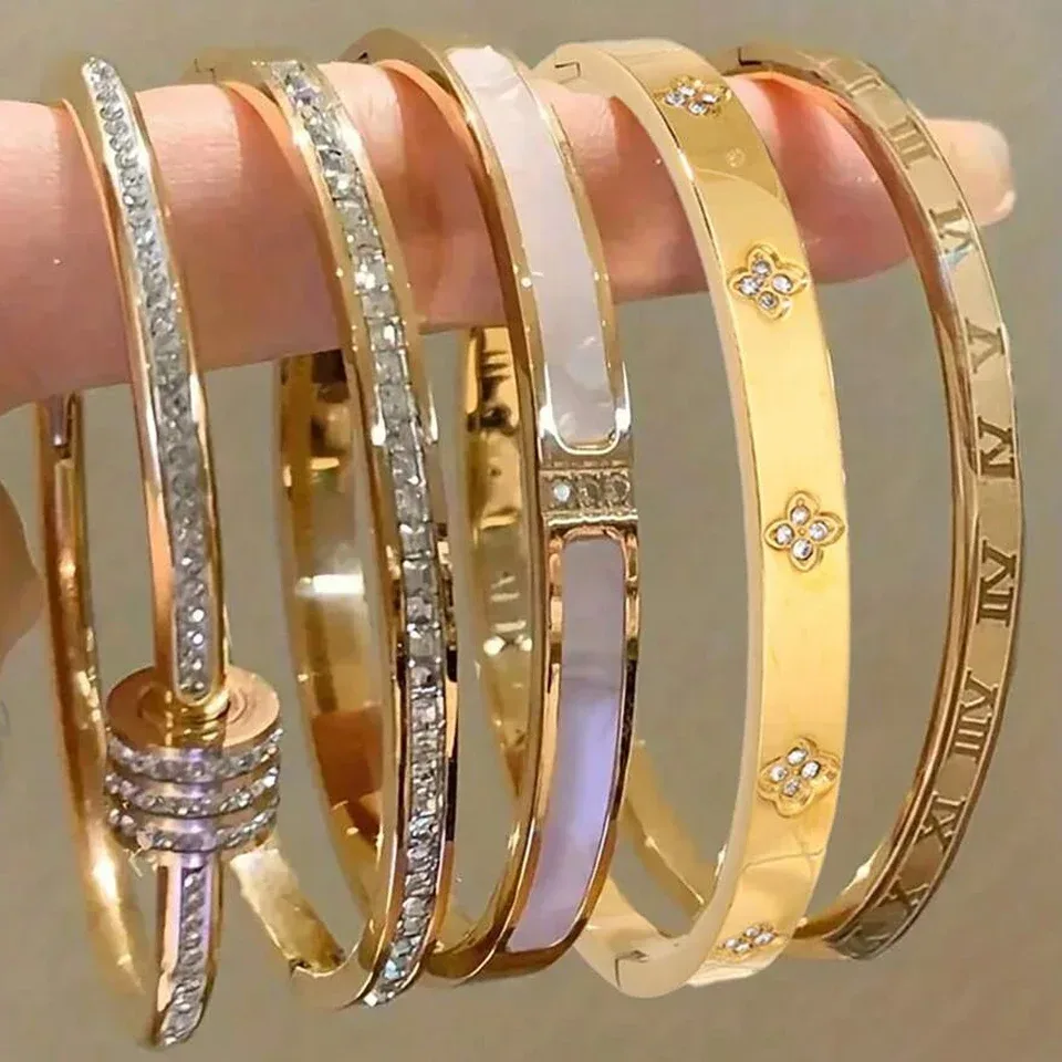 ZAKOL 5/1 Stück funkelndes Edelstahl-Armband-Set mit Zirkonia-Intarsien für Damen, stapelbare Armreifen, modisch, lichtecht, Schmuck, Geschenk