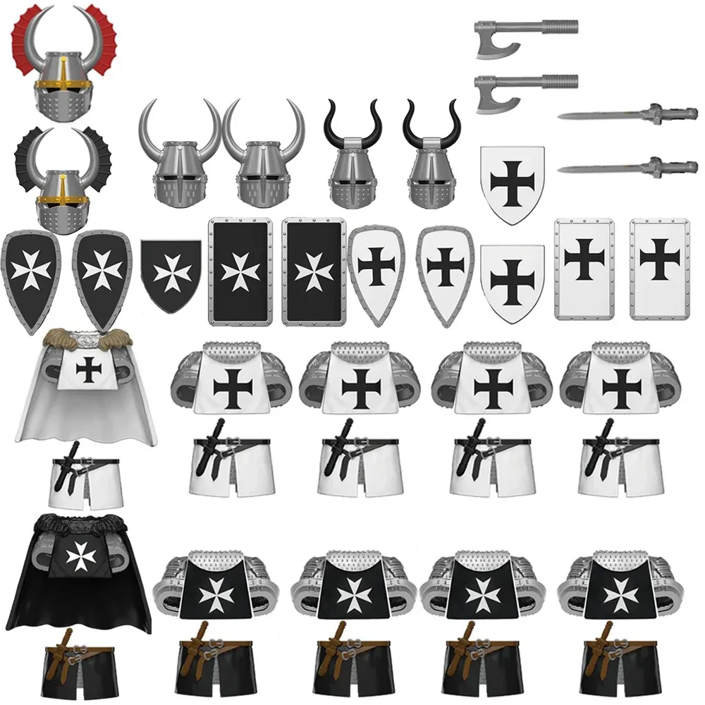 MOC Mittelalterlichen Militärischen Krieg Ritter Armee Schild Waffen Kleidung Helme Bausteine Krieger Schwert Speer Ziegel Spielzeug Kinder Geschenke
