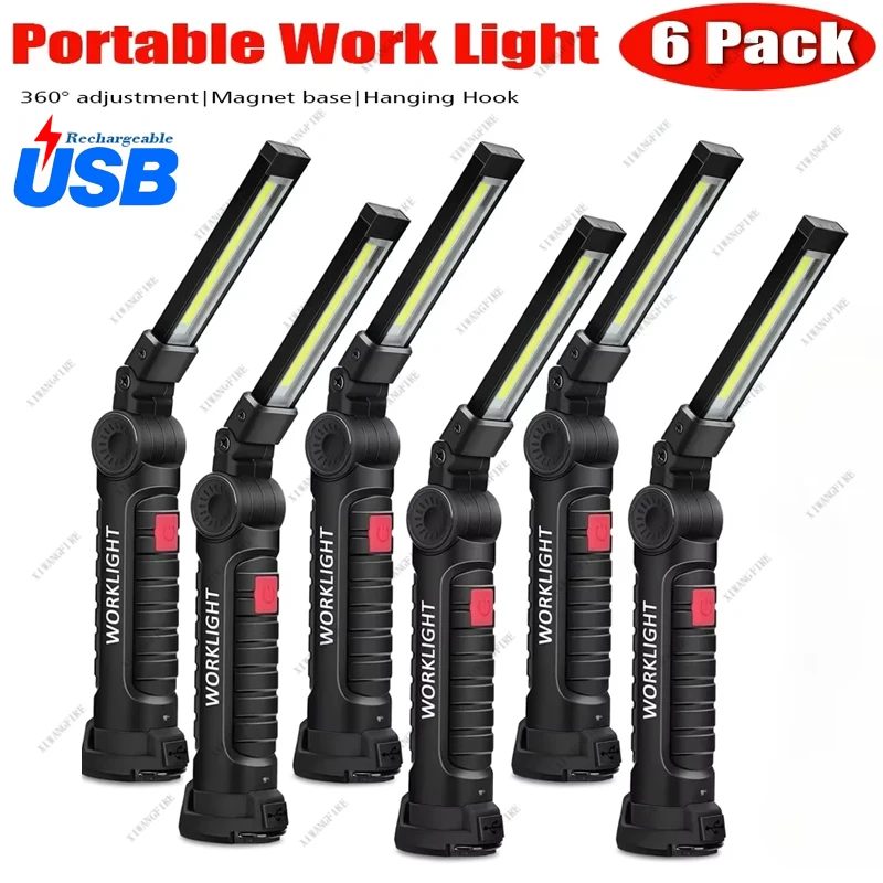 Tragbare COB-LED-Arbeitsleuchte, USB wiederaufladbar, LED-Taschenlampe, Inspektionslampe mit magnetischem Haken, Powerbank, 18650-Batterie-Taschenlampe