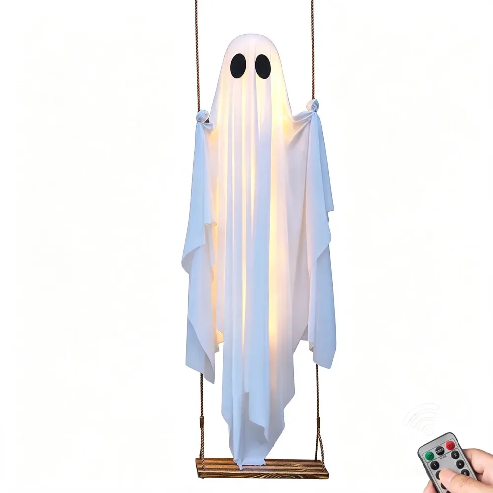 Hängender Schaukelgeist Halloween-Dekoration Niedlicher Weißer Geist mit Lichterkette Gruseliges Geister-Ornament für Veranda Garten Bäume