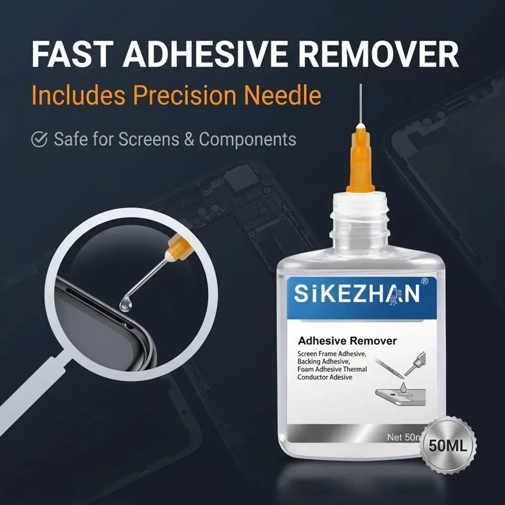 SiKEZHAN 50ml Flüssiger Klebstoffentferner für Handybildschirme, LCD-Rahmen und Rückabdeckungen, Reparaturset mit Präzisions-Injektionsnadel