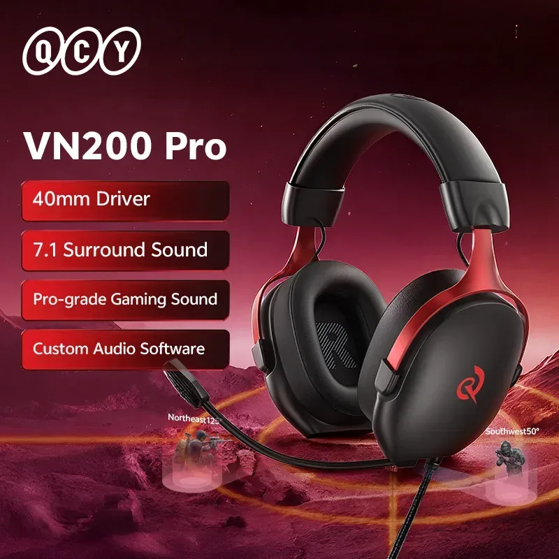 QCY VN200 Pro Kabelgebundenes Gaming-Headset mit Mikrofon, 40-mm-Treiber, 7.1-Surround-Over-Ear-Kopfhörer für PC, PS4, PS5, Gamer-Kopfhörer
