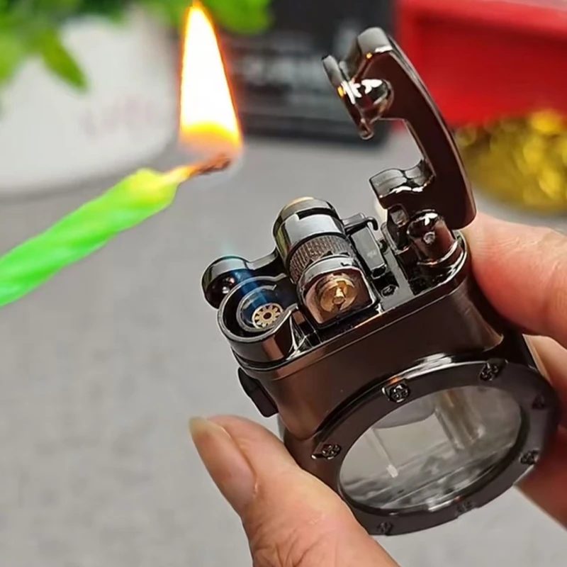 Metall Dual Feuer Arm Feuerzeug Outdoor Winddicht Transparent Fenster Aufblasbare Dual Feuer Umwandlung Tragbare Feuerzeug männer Geschenk
