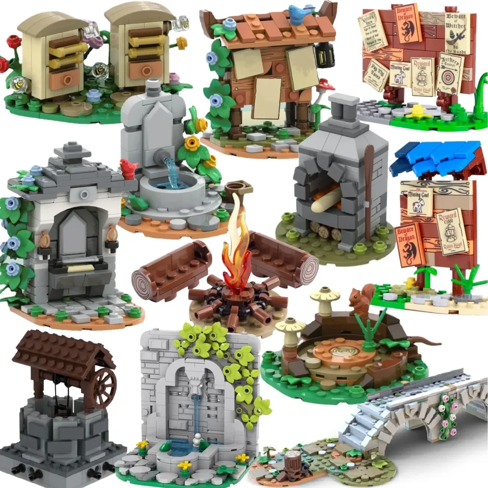 MOC Pinnwand Bausteine Biene Bauernhof Brunnen Lagerfeuer Herd Mittelalterliche Stadt Street View Wasser Wand Brücke Straße Zeichen Ziegel Spielzeug
