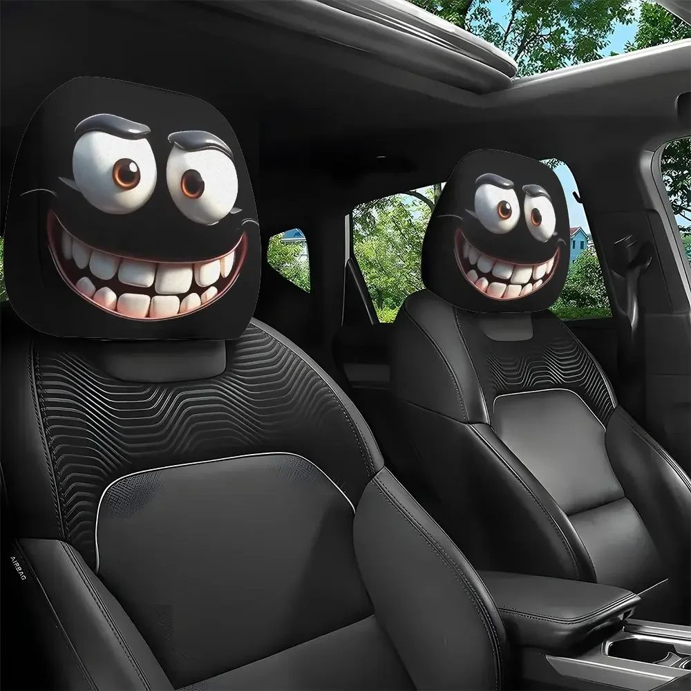 2 Stück Smiley-Gesicht bedruckter Auto-Kissenbezug, weich, bequem, dekorativer Kissenbezug, Auto-Sitz-Kopfstütze, waschbares Polyestergewebe
