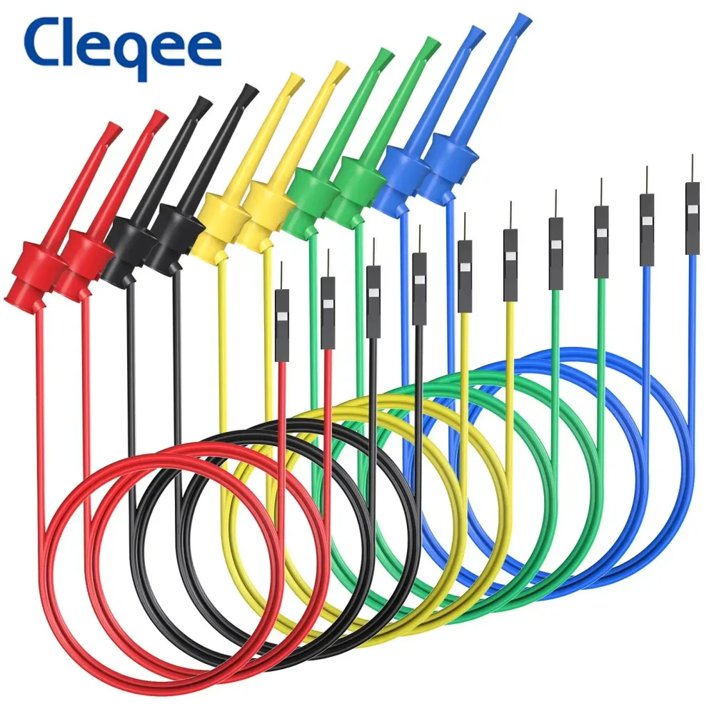 Cleqee 10 Stück Testhakenclip auf Dupont männlich/weiblich Überbrückungsdraht 26AWG Silikonkabel für Steckbrett-Oszilloskop-Logikanalysator