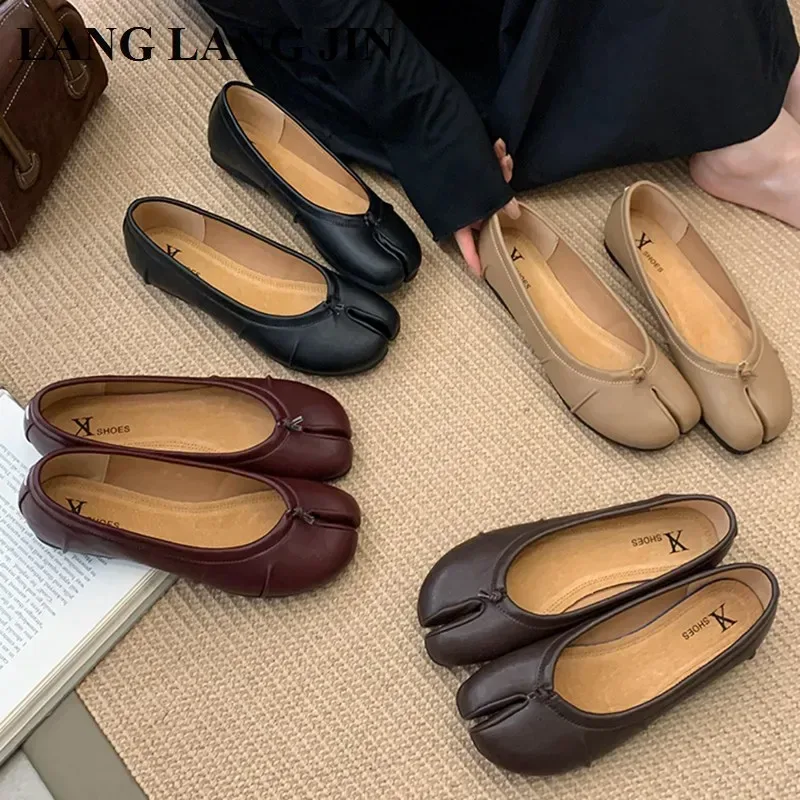 Frühling Split Toe Frauen Ballerinas Mode Tabi Schuhe Kausalen Slip Auf Loafer Damen Plissee Leder Espadrilles Zapatillas Mujer