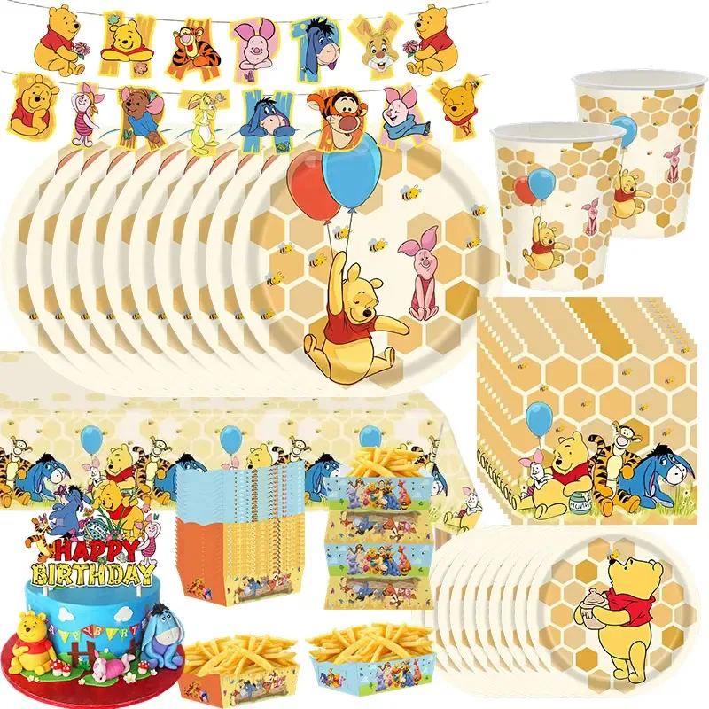 Winnie The Pooh Themen-Geburtstagsdekorationen, Banner, Luftballons, Geschenktüten, Teller, Tischdecke, Kuchenaufsätze, Partyzubehör, Gastgeschenke