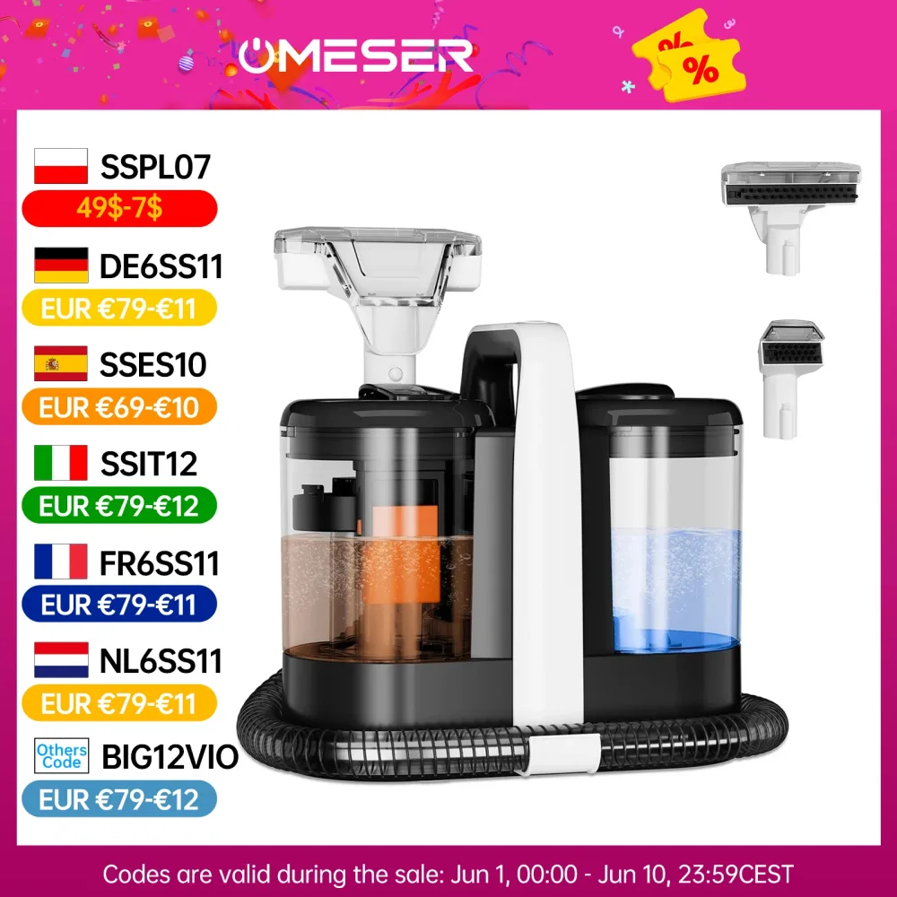 OMESER W07 15KPa Tragbare Teppichreinigermaschine 600W Polsterreiniger Haustier Spezialfleckenreiniger Leistungsstark für Sofa Autositz