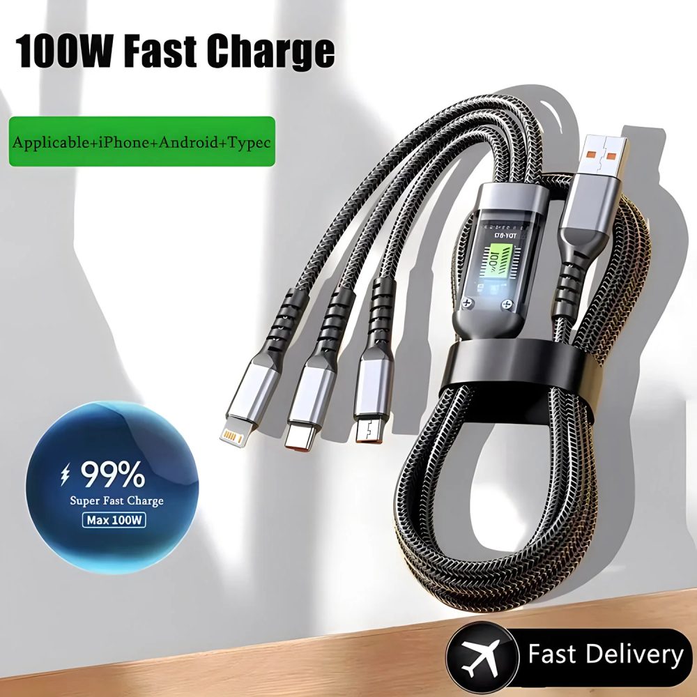 100 W Schnellladekabel, Multi-Ladekabel, Nylon, geflochten, mehrere USBs, universeller 3-in-1-Ladekabeladapter mit Typ-C-Mikro
