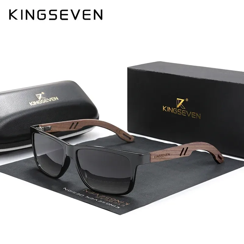 KINGSEVEN 100% Polarisierte Vintage Herren Holzsonnenbrille UV400-Schutz Modische Eckige Sonnenbrille Damen Gafas De Sol