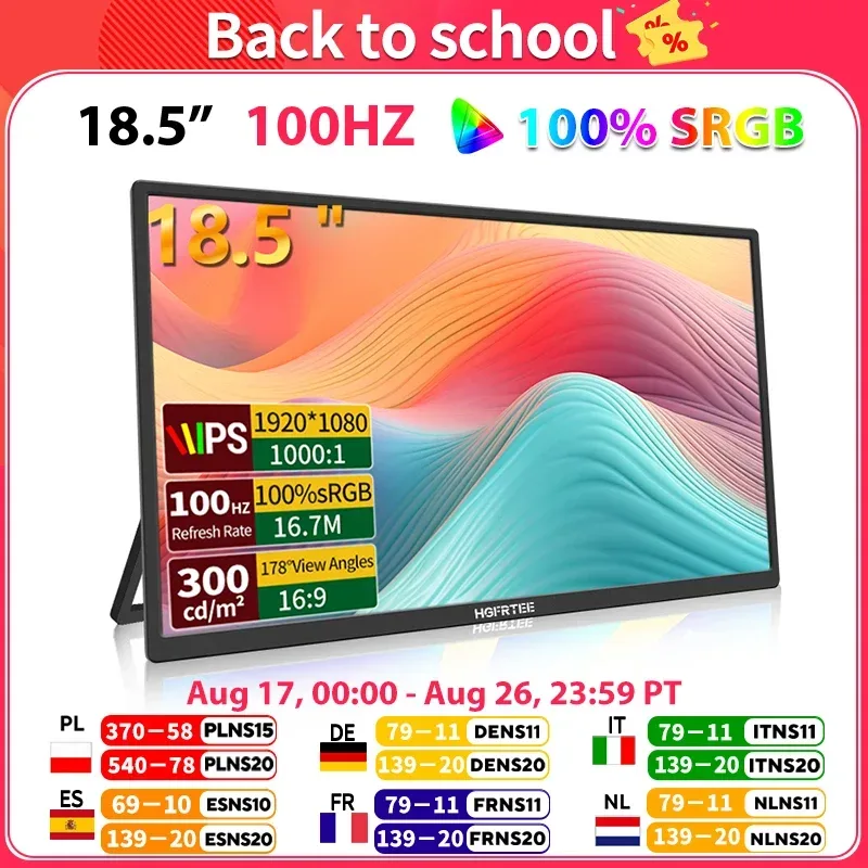 HGFRTEE 18,5 Zoll 100 Hz tragbarer Monitor mit VESA-Lochständer PC-Gaming Erweitertes Display ADS-IPS Großbildschirm unterstützt Typ-C HDMI
