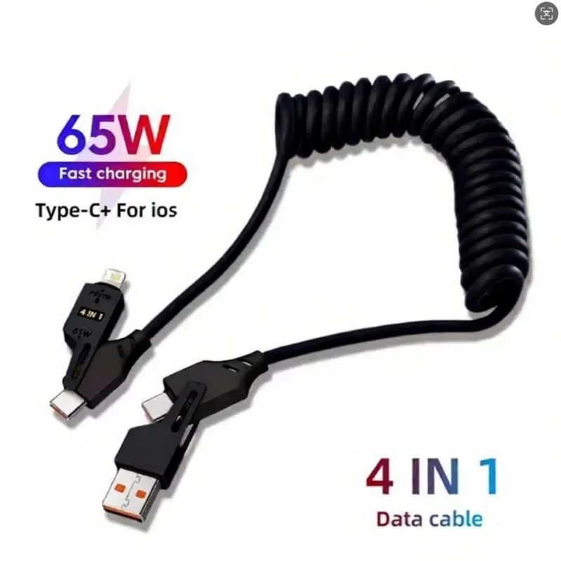 4 in 1 65 W Feder kurzes Datenkabel 6 A USB Typ C Feder Teleskop Schnellladegerät Drahtfeder USB-Kabel für iPhone 15 14 13 12