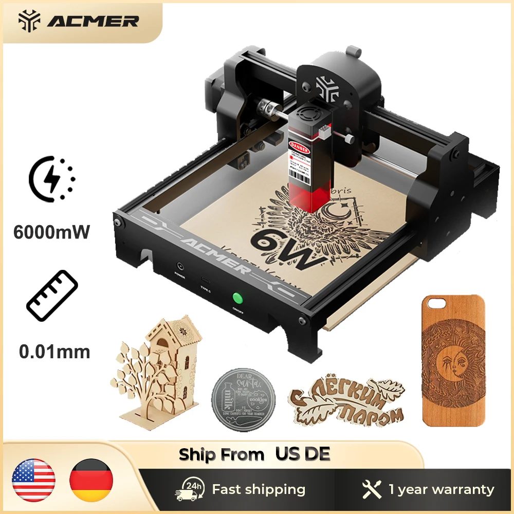 ACMER S1 6W Mini tragbarer Lasergravierer Hochpräzise CNC-Schneidwerkzeuge Graviermaschine für DIY Holz Glas Acrylc Anfänger
