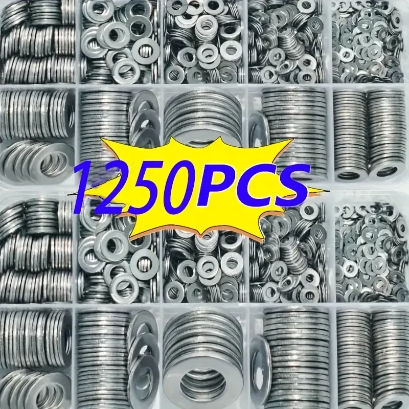 1250-teiliges Sortimentsset für flache Unterlegscheiben aus Edelstahl 304 (M2-M2.5-M3-M4-M5-M6-M8-M10-M12) ? für Heim-/Fabrikreparatur/Außenbereich