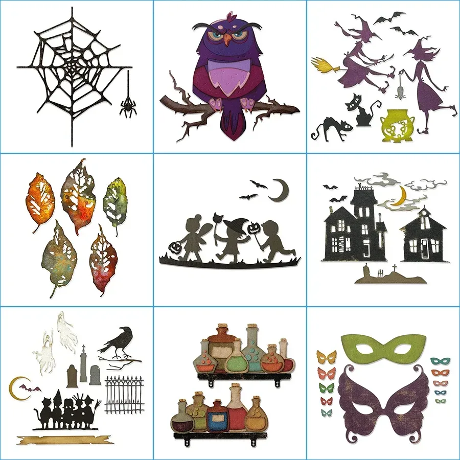 2025, Glasblatt, Eule, Geisterburg, Hexe, Reagenzglas, Metall-Stanzformen für Halloween, Maske, Spinnennetz, Sammelalbum, Kartenherstellung, Schablonen