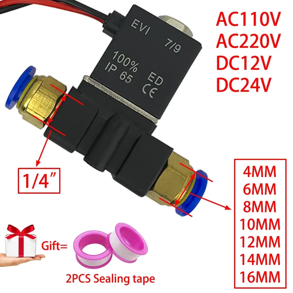 12 V, 24 V, 220 V, pneumatisches elektrisches Magnetventil, 2 Positionen, 2 Anschlüsse, normalerweise geschlossenes Luftmagnetventil, 6 mm 8 mm Schlauchtülle