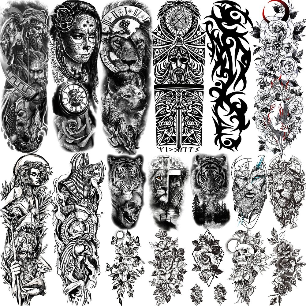 Voller Arm Temporäre Tattoos Ärmel Für Männer Frauen Realistische Gefälschte Tattoos Krieger Löwe Tiger Blume Tatoo Aufkleber Schwarz Totem Maori