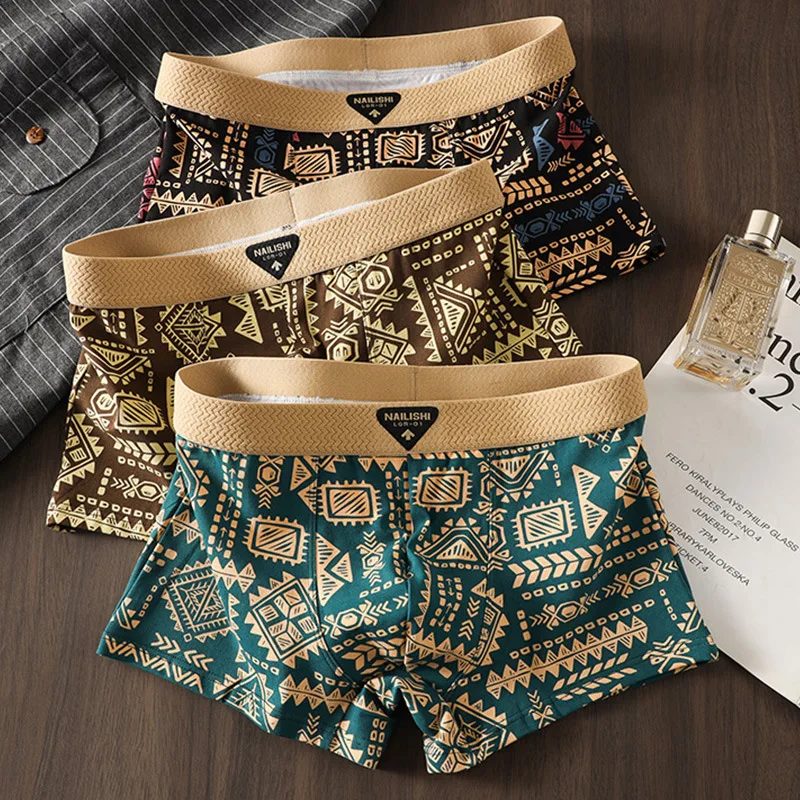 3-teilige neue Herrenunterwäsche, bequeme und atmungsaktive Boxershorts, trendiger Retro-Ethno-Stil, mittelhohe Shorts für Herren