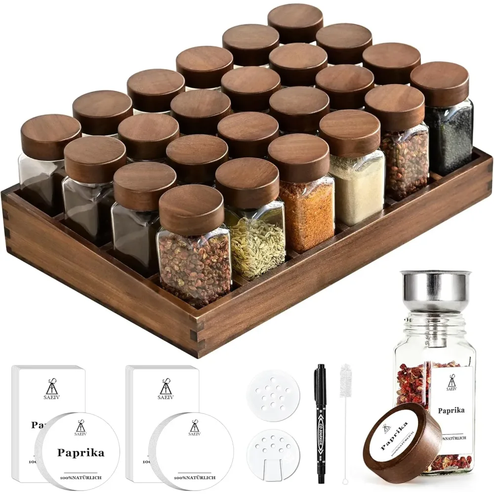 Gewürzregal aus Akazienholz mit 12/24 x 120 ml Gewürzgläsern und Etiketten |   Küchen-Organizer, leicht zu bewegen, um Gewürze zu bewegen