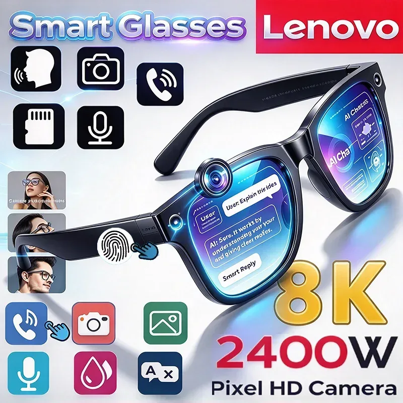 Lenovo Damen Herren KI-Smart-Brille 2400MP Video Freisprechfunktion KI-Chat-Übersetzung Aufzeichnung Musikwiedergabe Smart Meta Sonnenbrille