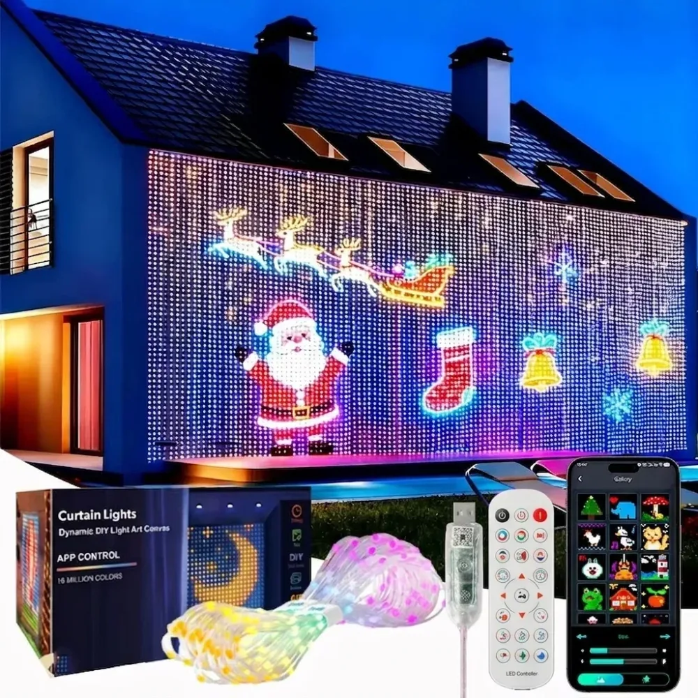 Smarte LED-Lichtvorhänge mit App-Steuerung, RGB dimmbar, DIY-Muster, Musik-Ambientebeleuchtung für Zuhause, Feiertage, Partys, Weihnachtsdekoration