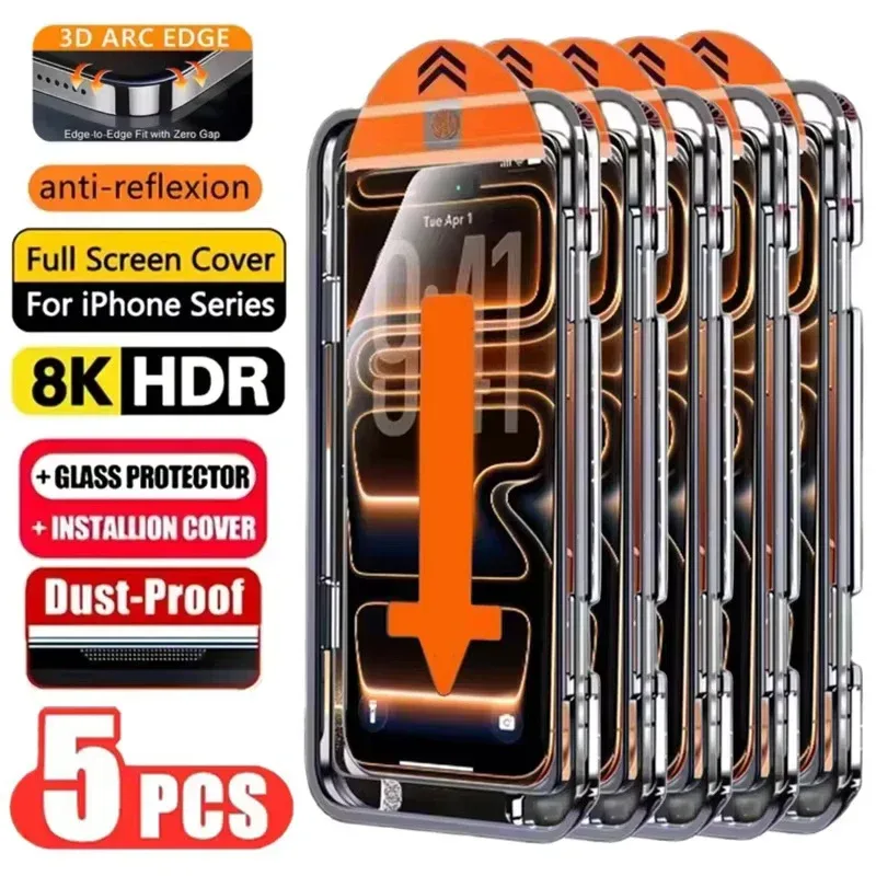 5 Stück Einfach zu Installierende HD-Displayschutzfolie für iPhone 17 16 13 Pro Max 11 15 14 16e 12 Mini XR X Xs 7 8 Plus Air Gehärtetes Glas