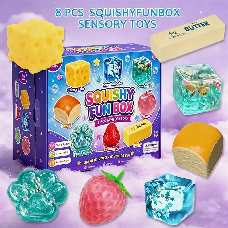 Maltose Squishy Fun Box 8er-Pack Dehnbare Sensorische Weiche Lebensmittelförmige Squishies für Beruhigendes Fidget-Spiel & Stressabbau-Ornament