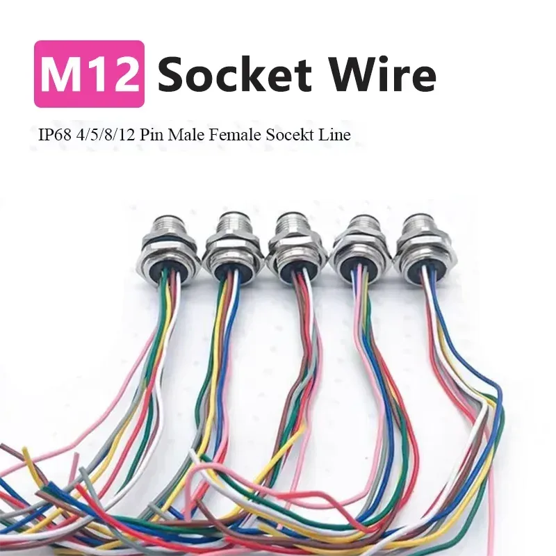 Wasserdichtes M12-Stecker-Buchse-Anschlusskabel, IP68, 4, 5, 8, 12-polige Luftfahrt-Buchse mit 20 cm Draht, offene 12 mm/16 mm Panel-Mount-Buchsen