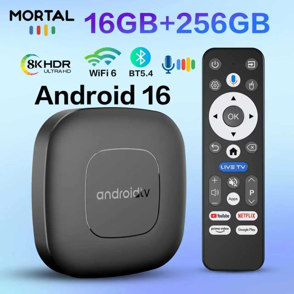TV-Box mit Android 16, Google Assistant, Sprachsteuerung, 8 GB RAM, 128 GB Speicher, 256 GB Festplatte, 4K-Auflösung, Wi-Fi 6, Bluetooth 5.0, T1 RK3518 4K-Videoplayer, Set-Top-Box