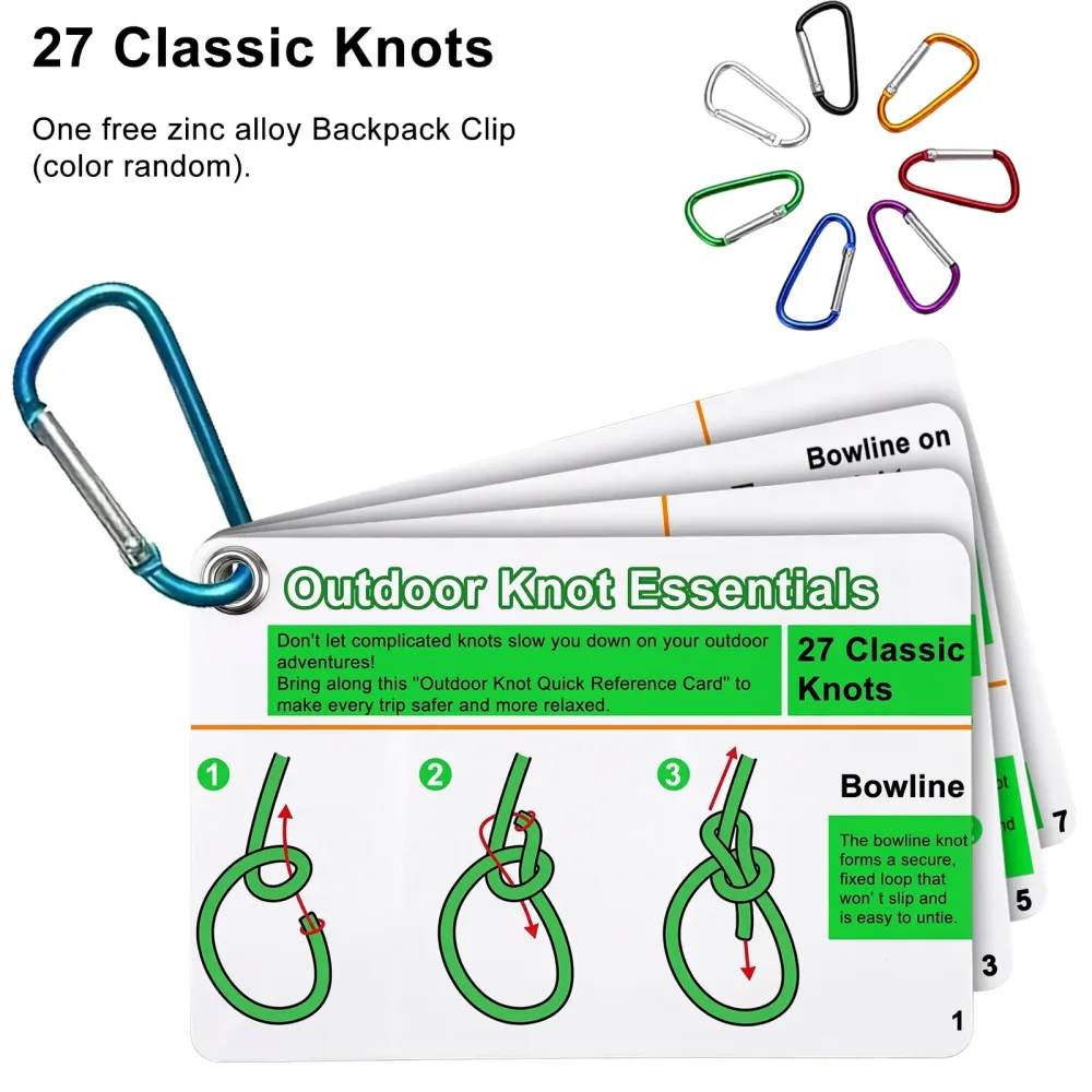 7-teiliges Set Outdoor-Knoten-Karten: 27 klassische Knoten mit Mini-Karabiner, langlebiger Taschenreplikatordienstleister für Camping und Rucksack