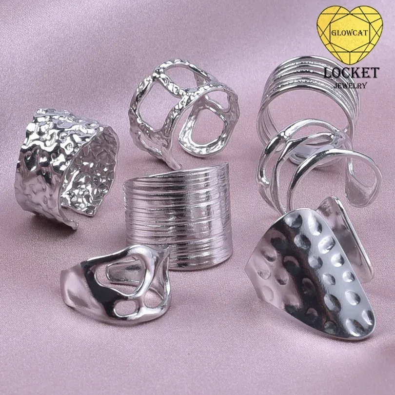 1 Stück Edelstahl Wasserdichter Damen Persönlichkeitsring mit Textur, Vintage Hohlring, Unregelmäßiger Mehrschichtiger Anillos Schmuck