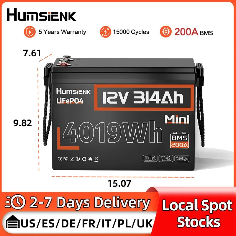 HumsiENK 12V 314Ah LiFePO4 Lithium-Batterie 200A BMS 15000 Zyklen für Off-Grid/RV/Camping/Marine/Energiespeicherung/2 Jahre Garantie/UL 1973