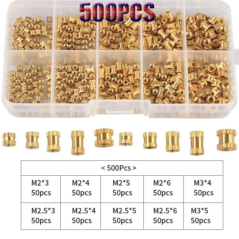 500 Stück M2 M2,5 M3 Messing Einbettungsschraube Mutter Hot Melt Injektionsgewinde gerändelt Wärmeeinsatz Mutter Doppel Twill Kit 3D-Druckwerkzeug