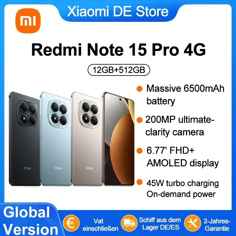 Globale Version Xiaomi REDMI Note 15 Pro 4G Smartphone 6,77 Zoll FHD 6500 mAh 45 W Turbo-Ladung 120 Hz 200 MP Hauptkamera IP65 NFC