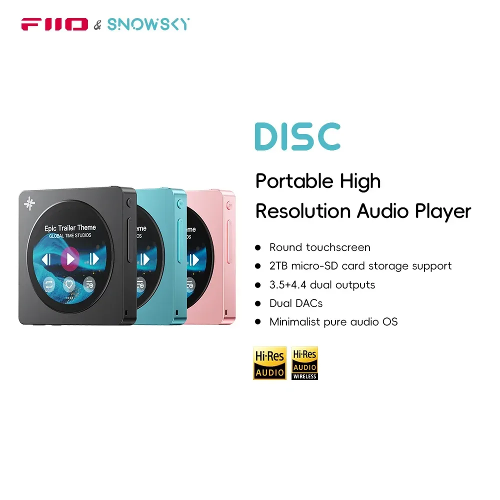 FIIO DISC Tragbarer HiFi-Musikplayer, Dual-DAC-Player mit 3,5mm & 4,4mm Ausgängen, Bluetooth 5.4 LDAC, Runder Touchscreen