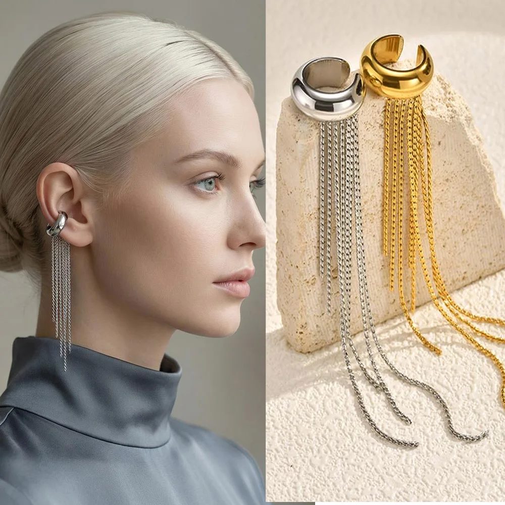 Nickelfreie Ohrklemme in Goldfarbe mit Langen Quasten für Damen, Edelstahl Nicht-Durchstechende Clip-Ohrringe