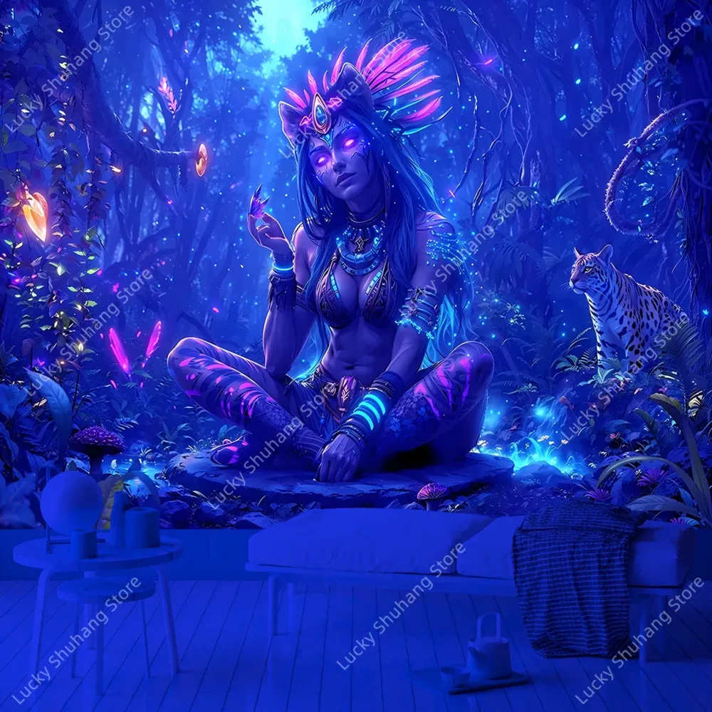 Mystische Schamanenfrau, UV-Wandteppich, Boho-Dschungel-Wandkunst mit Leoparden- und leuchtendem Wald für Meditation, Raumdekoration, spirituelles Zuhause