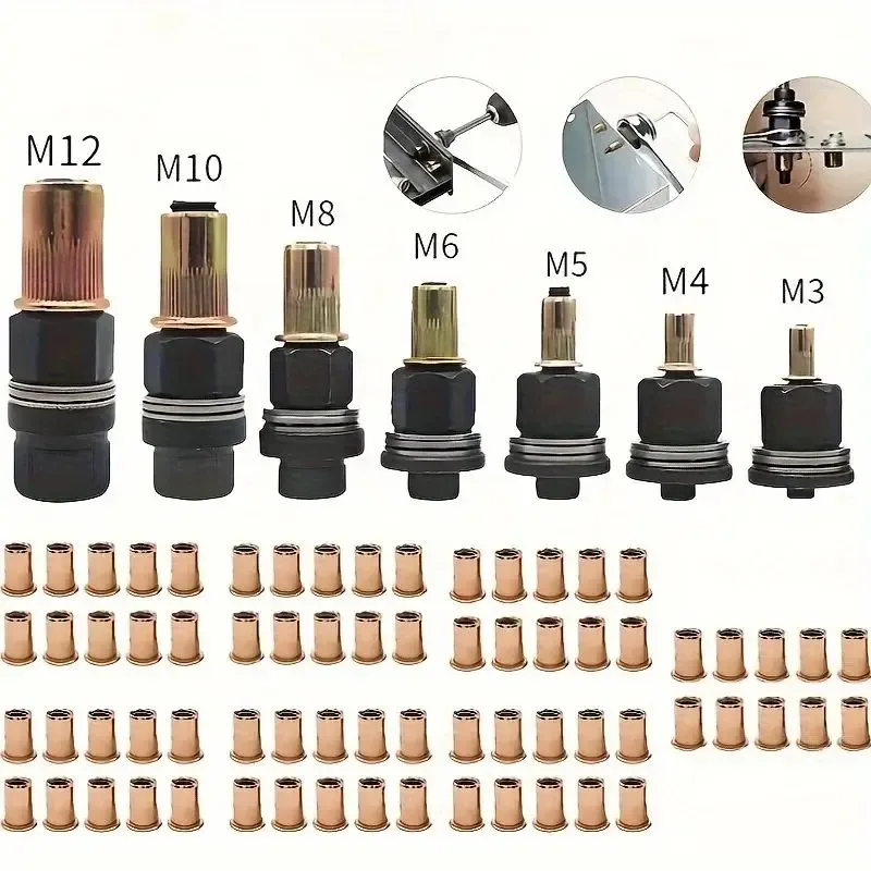 85-216-teiliges Manuelles Nietwerkzeug-Set, 7 Größen M3-M12 mit 82 Nietmuttern, Hochleistungs-Metallnietpistole für Automobil, Industrie & Schweißen