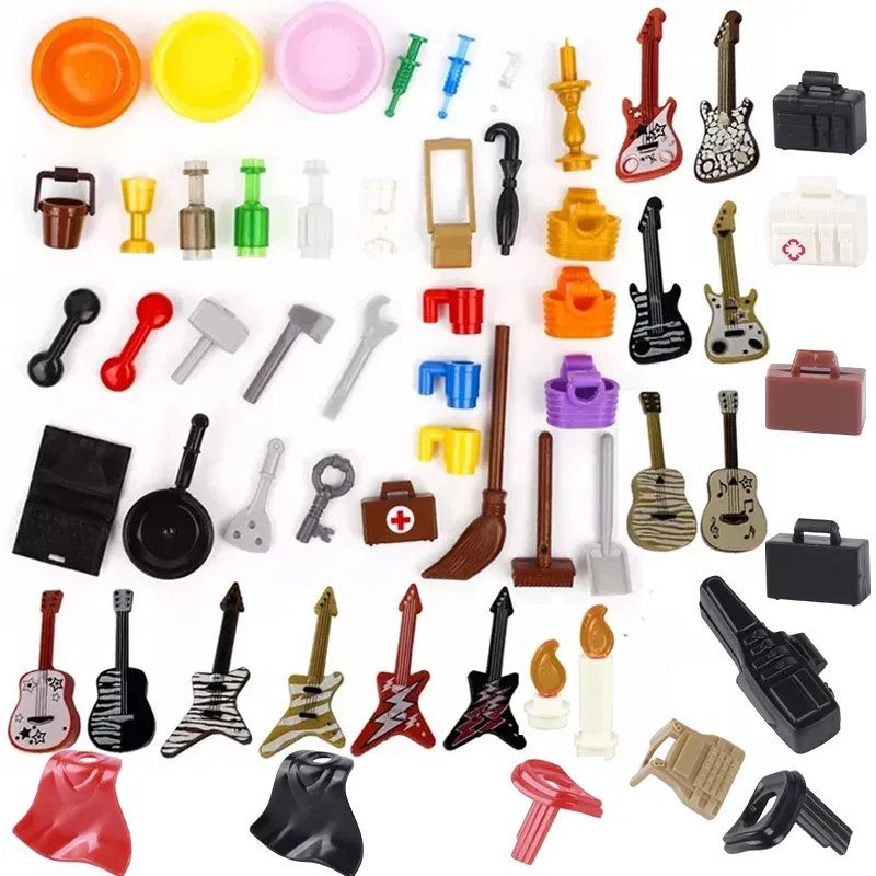 Stadt Bausteine Zubehör Tasse Platte Rucksack Korb Barrel Kerzenhalter Hammer Schlüssel Schlüssel Gitarre Kreative Ziegel Spielzeug Geschenk