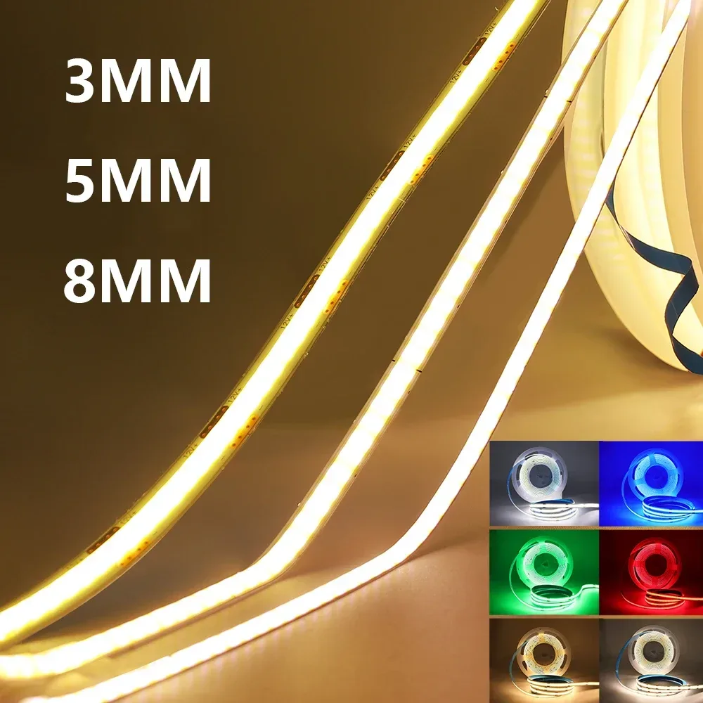 3 mm, 5 mm, 8 mm, PCB-COB-LED-Streifen, 5 V, 12 V, 24 V, 320 LEDs/m, hohe Helligkeit, flexibles Klebeband, warm, natürlich, weiß, rot, grün, blau, 0,5 m, 5 m