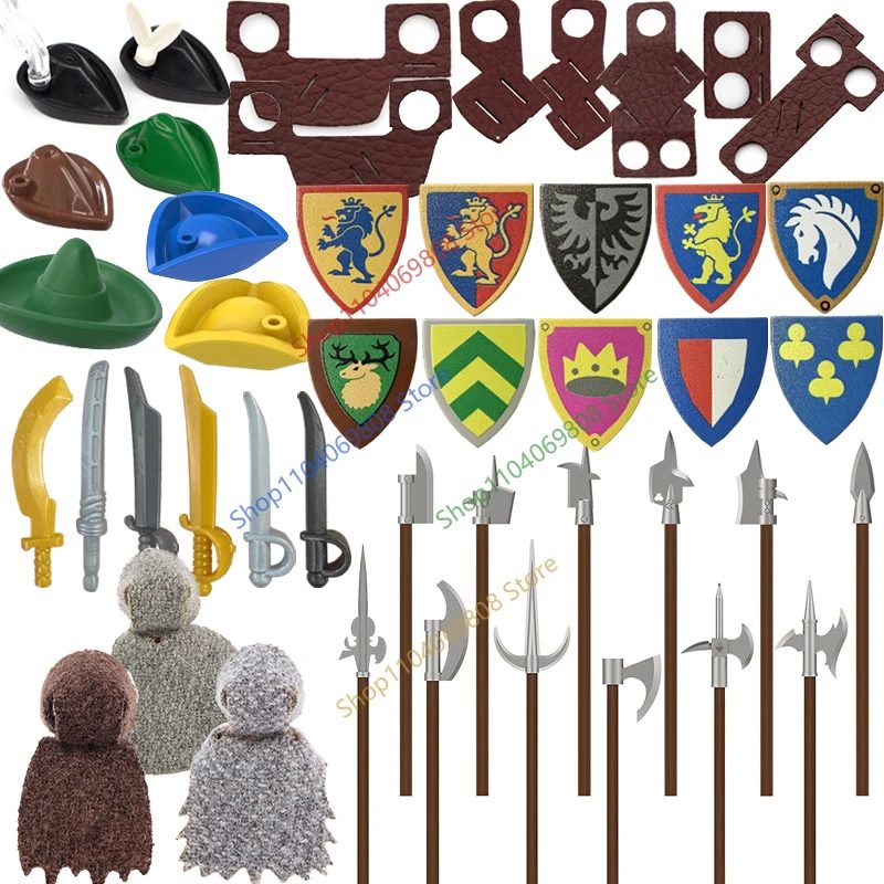 Mittelalterliche Bausteine Soldatenfiguren Charakterzubehör Klinge Schwert Scheide Umhang Speer Messer Cowboyhut Bausteine Spielzeug N16