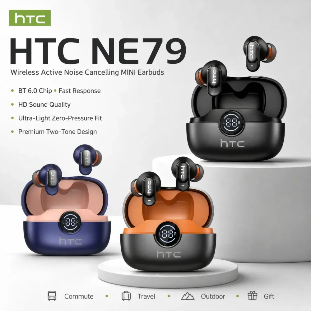 HTC NE79 Bluetooth-Kopfhörer für Sport und Gaming, lange Akkulaufzeit, komfortable kabellose Kopfhörer, erstklassige Klangqualität, weiche In-Ear-Ohrhörer