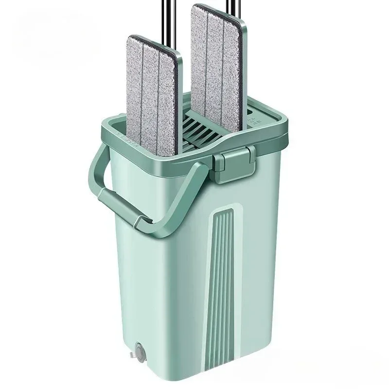 Flacher Auswringmop mit Eimer, Einfaches Auswringen, Allzweck-Bodenreinigung, Mikrofaser-Pads, Nass und Trocken, für Hartholz und Laminat